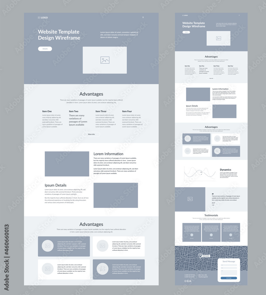 Modern and adaptive website design template for development. Landing page wireframe. Modern and adaptive website design template for development. Landing page wireframe.