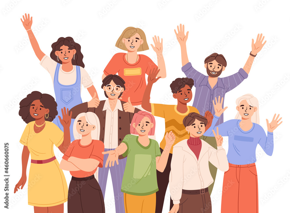 Team welcomes newcomer. New workplace, happy people, friendly team. Future colleagues, staff, employees. Good atmosphere in company. Cartoon flat vector illustration isolated on white background Team welcomes newcomer. New workplace, happy people, friendly team. Future colleagues, staff, employees. Good atmosphere in company. Cartoon flat vector illustration isolated on white background