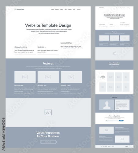 Modern and adaptive website design template for development. Landing page wireframe.