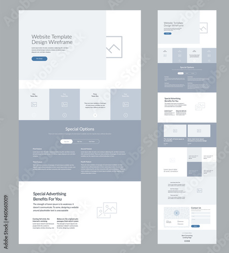 Modern and adaptive website design template for development. Landing page wireframe.