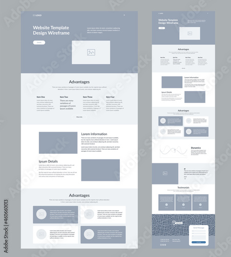 Modern and adaptive website design template for development. Landing page wireframe.