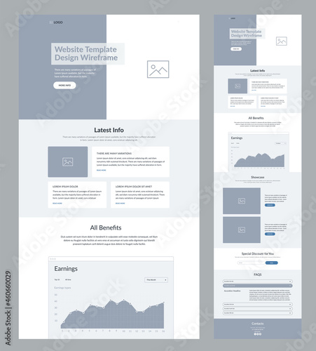 Modern and adaptive website design template for development. Landing page wireframe.