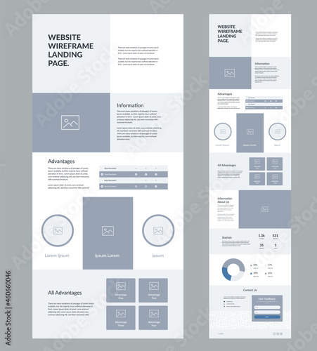 Modern and adaptive website design template for development. Landing page wireframe.
