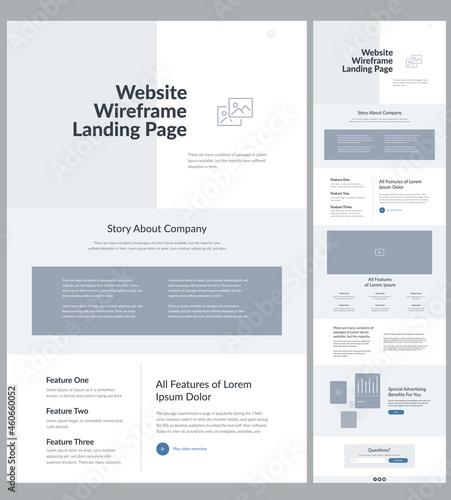 Modern and adaptive website design template for development. Landing page wireframe.