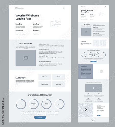 Modern and adaptive website design template for development. Landing page wireframe.