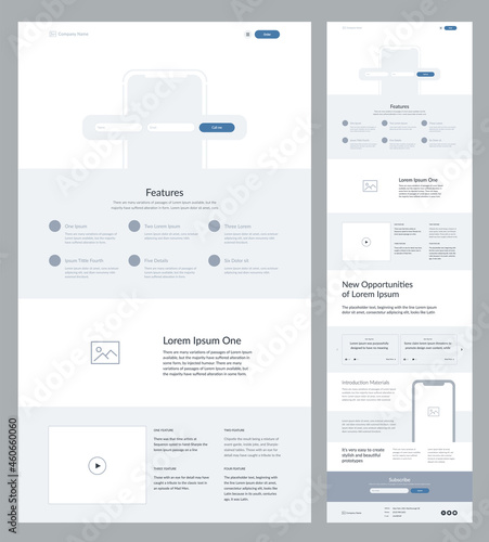 Modern and adaptive website design template for development. Landing page wireframe.