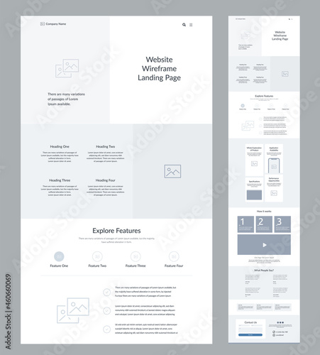 Modern and adaptive website design template for development. Landing page wireframe.