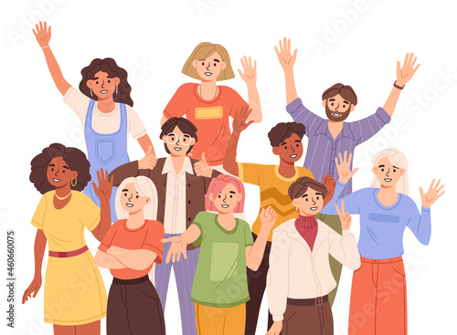 Team welcomes newcomer. New workplace, happy people, friendly team. Future colleagues, staff, employees. Good atmosphere in company. Cartoon flat vector illustration isolated on white background