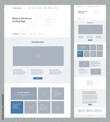 Modern and adaptive website design template for development. Landing page wireframe.