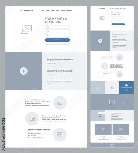 Modern and adaptive website design template for development. Landing page wireframe.