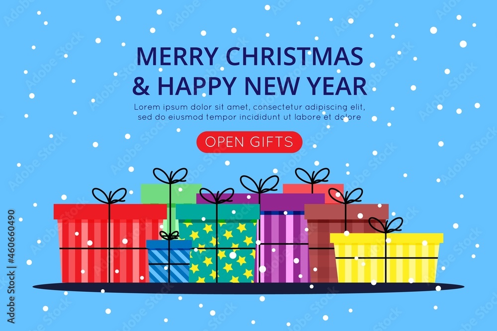 Christmas and New Year colorful gifts on a blue background with falling snow and snowflakes. Cute vector flat image. Background for landing page or website.