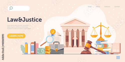 Law and justice concept. Landing page, guide. Graphic elements for legal sites, lawyer, notary. Judges gavel hits table, judgement. Cartoon flat vector illustration isolated on beige background