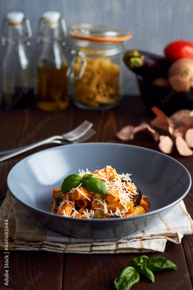 pasta alla norma with eggplant ricotta tomato sauce copy space - obrazy, fototapety, plakaty 