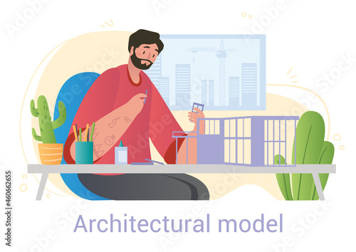 Man builds architectual model. Highrise planning, multistorey building. Young architect, layout, construction. Project, plan, mockup. Cartoon flat vector illustration isolated on white background