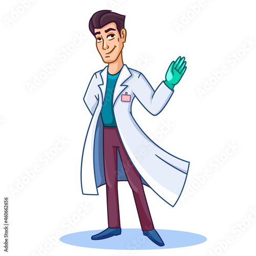 a male doctor in a white coat waves a gloved hand
