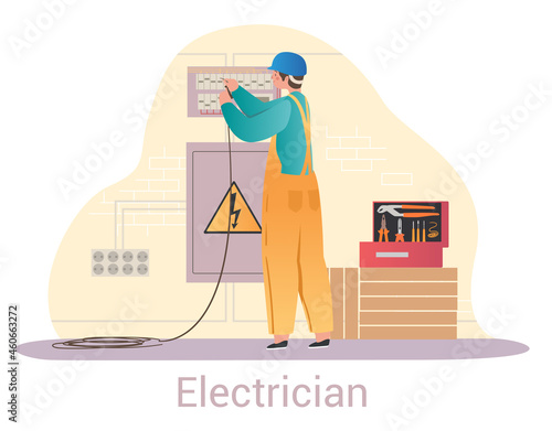 Electrician fixing shield. Worker conducts electricity in house, hazardous work. Wire repair, insulation. Man with tools in house. Cartoon flat vector illustration isolated on white background