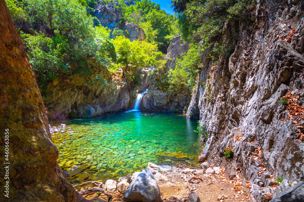 Vathres are small water natural pools with waterfalls along the mountain of Saos on Samothraki island, Greece.