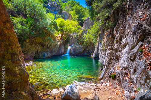 Vathres are small water natural pools with waterfalls along the mountain of Saos on Samothraki island  Greece.