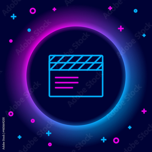 Glowing neon line Movie clapper icon isolated on black background. Film clapper board. Clapperboard sign. Cinema production or media industry. Colorful outline concept. Vector