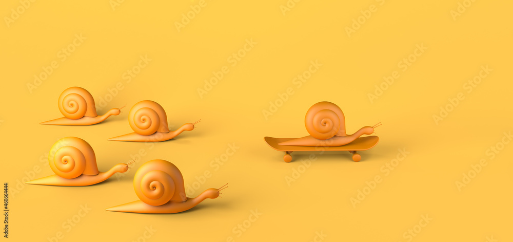 Snail on skateboard winning slow snail race. Copy space. 3D illustration. - obrazy, fototapety, plakaty 