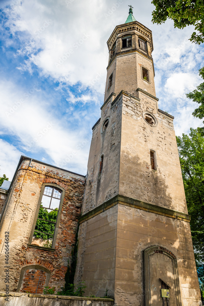 Ruins of evangelic church in Milkow, Poland in Summer