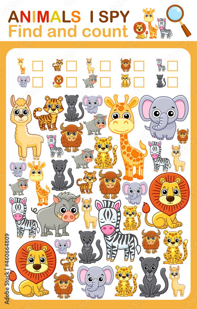 Fototapeta premium Printable worksheet for kindergarten and preschool book page i spy. Count zoo animal.