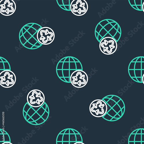 Line Planet earth and a recycling icon isolated seamless pattern on black background. Environmental concept. Vector