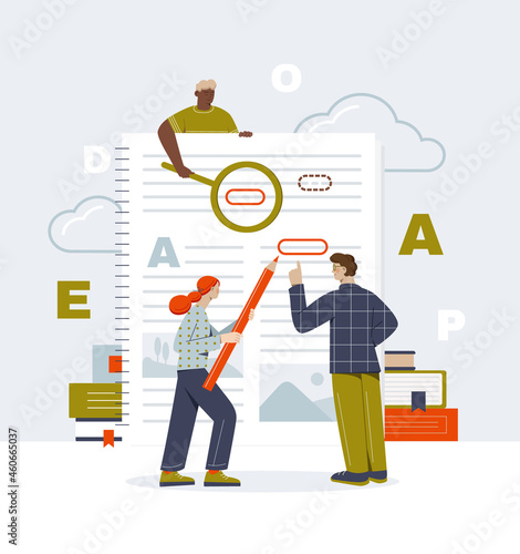 Man and girl fill out form. Editors proofread article, error correction, exam. Grammar, mistakes in paper test. Magnifying glass and pencil. Cartoon vector illustration isolated on white background