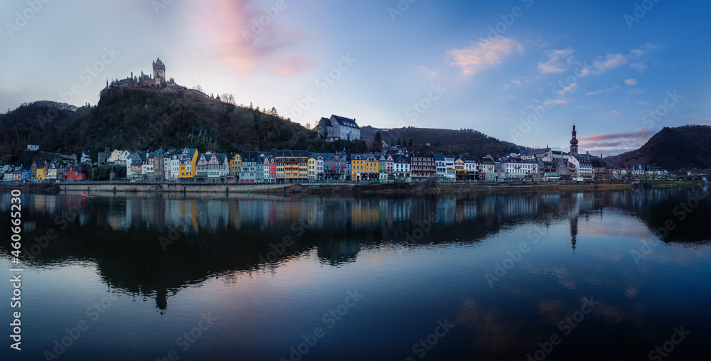 Panoramic view of Cochem Skyline at sunset with Cochem Castle and St Martin Church - Cochem, Rhineland-Palatinate, Germany