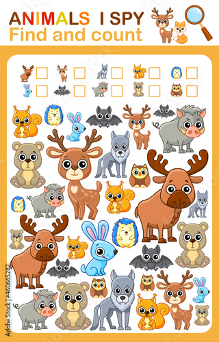Fototapeta Naklejka Na Ścianę i Meble -  Printable worksheet for kindergarten and preschool book page i spy. Count wild animal.