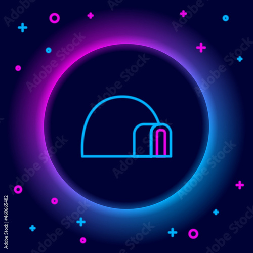 Glowing neon line Igloo ice house icon isolated on black background. Snow home, Eskimo dome-shaped hut winter shelter, made of blocks. Colorful outline concept. Vector