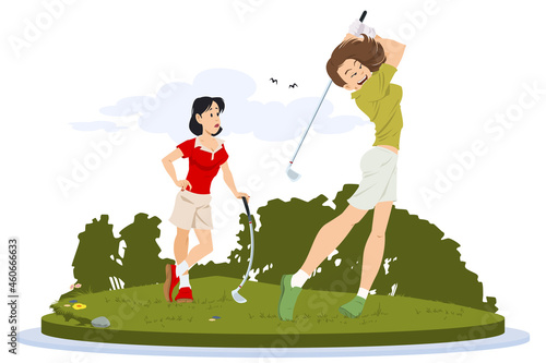 Girlfriends girls play golf. Illustration for internet and mobile website.