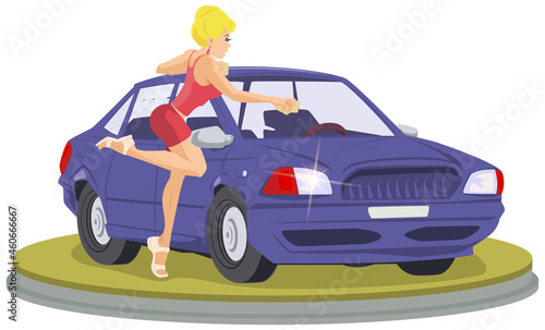 Beautiful girl washes car. Illustration for internet and mobile website.