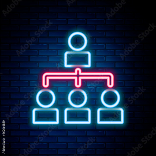 Glowing neon line Business hierarchy organogram chart infographics icon isolated on brick wall background. Corporate organizational structure graphic elements. Colorful outline concept. Vector