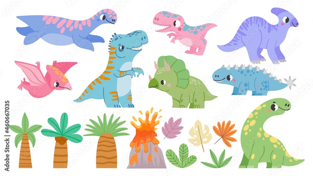 Set with little cute dinosaurs. Collection in cartoon style with funny dinos, trees and volcano on white background. Brontosaurus, velociraptor, triceratops, tyrannosaurus rex, pteranodon, parasaurolo