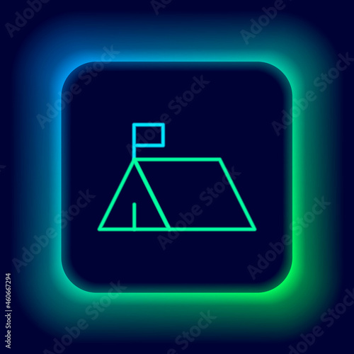 Glowing neon line Protest camp icon isolated on black background. Protesting tent. Colorful outline concept. Vector