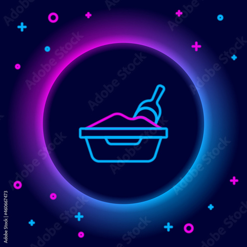 Glowing neon line Cat litter tray with shovel icon isolated on black background. Sandbox cat with shovel. Colorful outline concept. Vector
