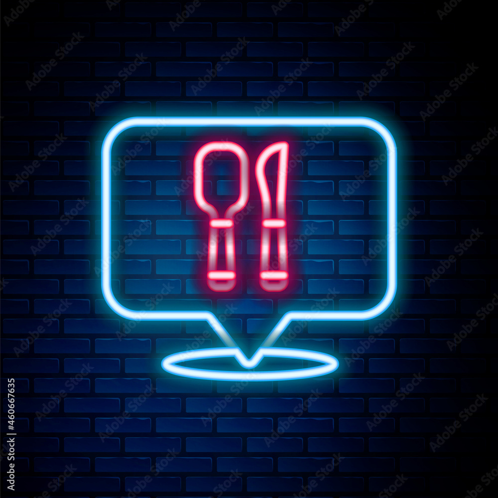 Glowing neon line Cafe and restaurant location icon isolated on brick wall background. Fork and spoon eatery sign inside pinpoint. Colorful outline concept. Vector.