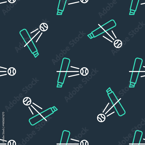 Line Baseball bat with ball icon isolated seamless pattern on black background. Vector