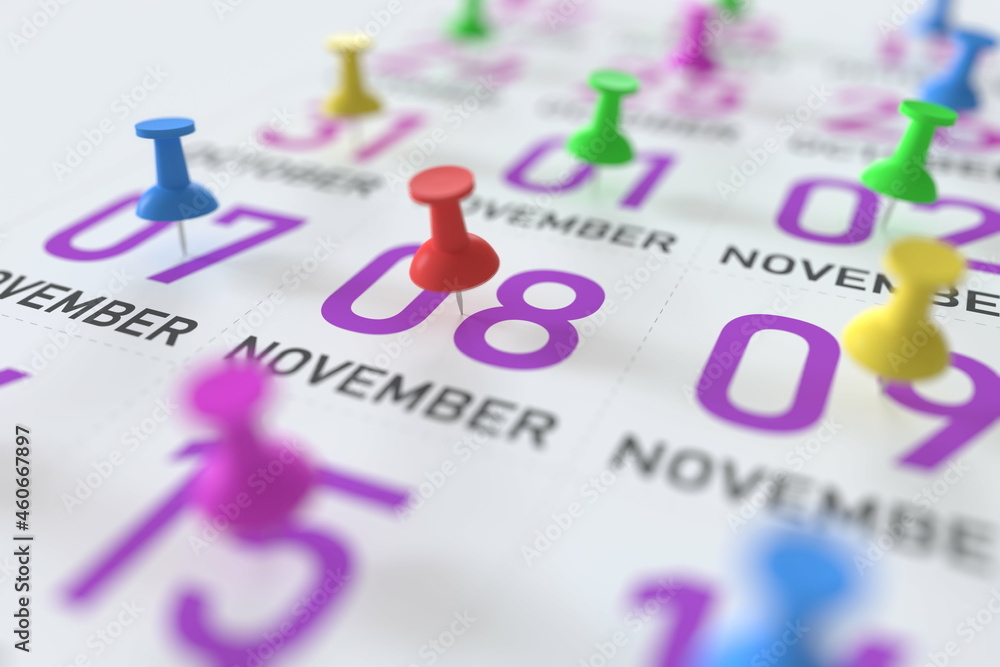 November 8 date and push pin on a calendar, 3D rendering November 8 date and push pin on a calendar, 3D rendering