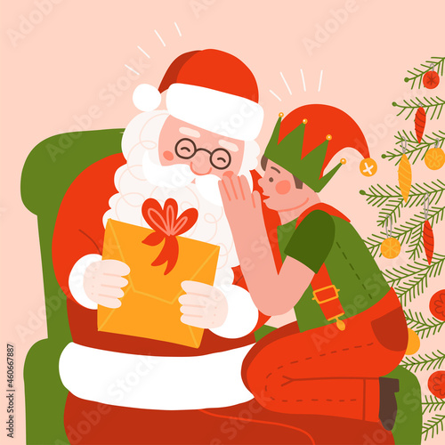 Santa Claus with a little boy on his lap. Boy telling wishes in front of Christmas Tree. Little elf whispers his wishes in Santa's ear. Flat vector illustration.