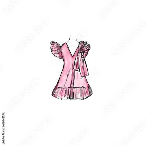 Vector illustration of a female pink short dress with a bow, fashion illustration
