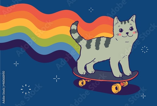 NFT nyan cat flying flying skateboard with a rainbow. Cat skater vector illustration. photo