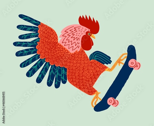 Rooster skateboarding isolated vector illustration.