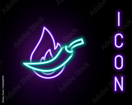 Glowing neon line Hot chili pepper pod icon isolated on black background. Design for grocery, culinary products, seasoning and spice package, cooking book. Colorful outline concept. Vector