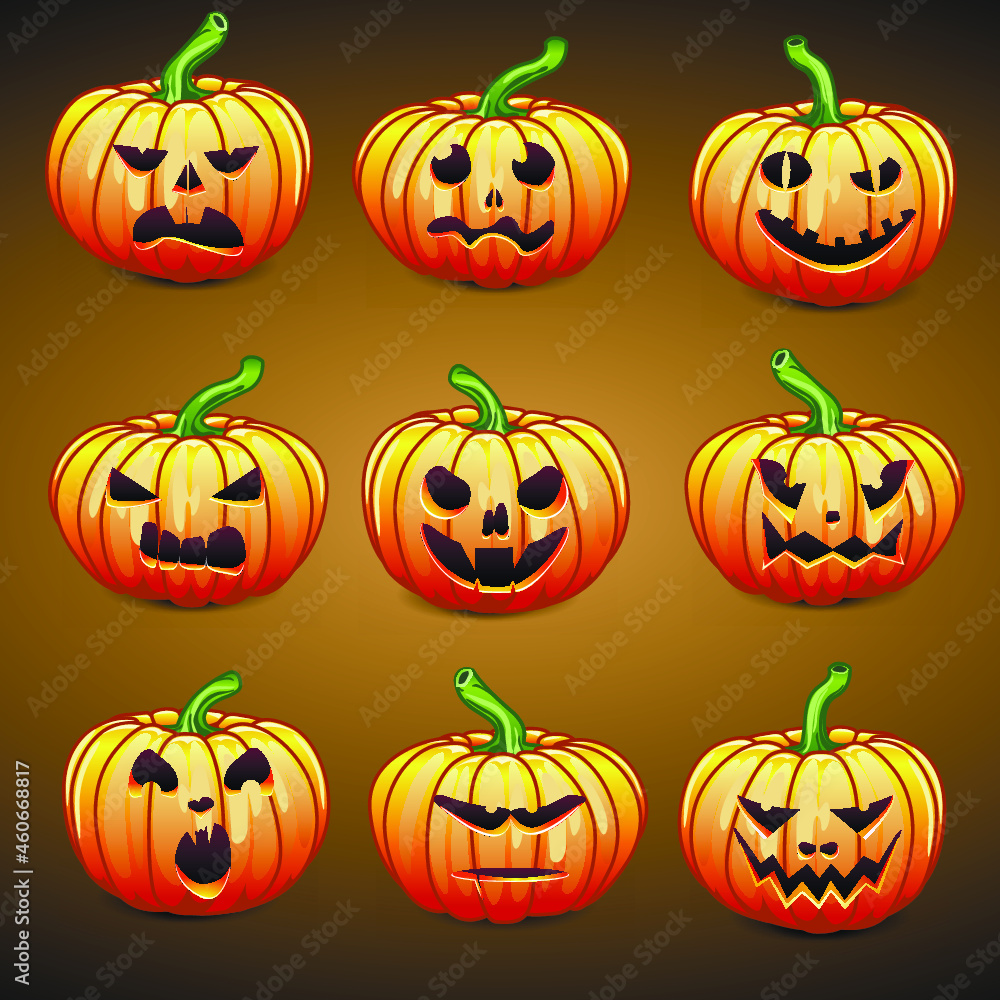 Beautiful seamless pattern with festive Halloween pumpkins. Jack orange lantern drawn with carved faces. For the design of a web banner, invitation, cover, packaging, gift. All Saints' Day. the icons Beautiful seamless pattern with festive Halloween pumpkins. Jack orange lantern drawn with carved faces. For the design of a web banner, invitation, cover, packaging, gift. All Saints' Day. the icons