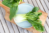 Bok choy, Chinese cabbage with round, round and open leaves. Vegetable of Asian origin