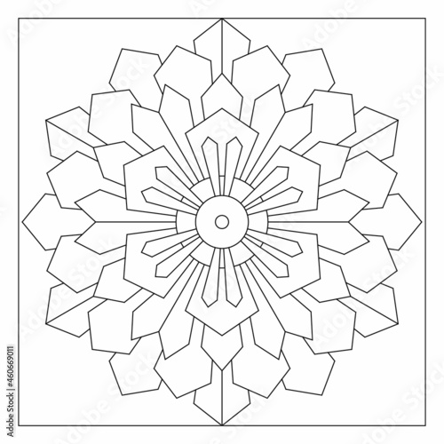 Simple Mandala Designs to color. Easy coloring pages for seniors. Floral drawing from 6 fold rotational symmetry of various shapes in hexagonal form. Tile pattern in EPS8 file. #328