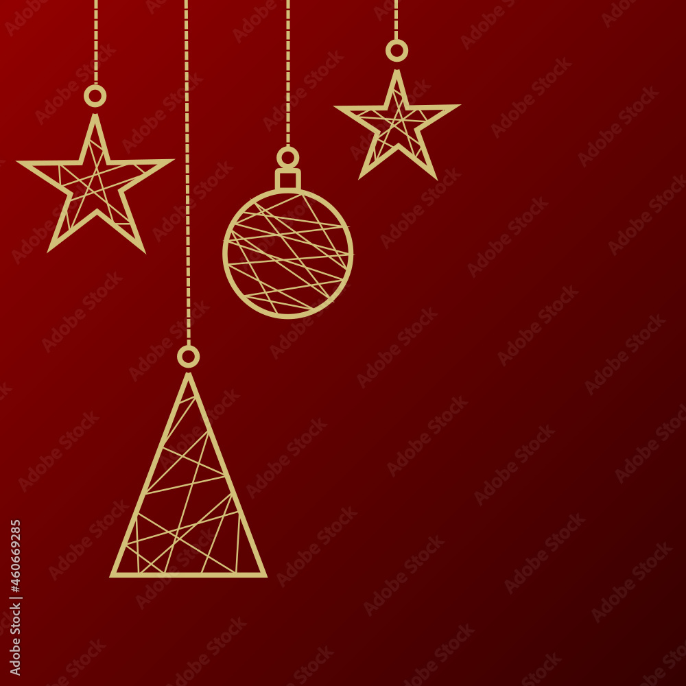 Christmas decoration red gold card, stars, tree and ball
