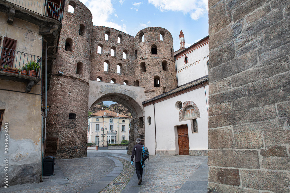 Fototapeta premium Ancient stone tower in the historic town of Susa, Italy